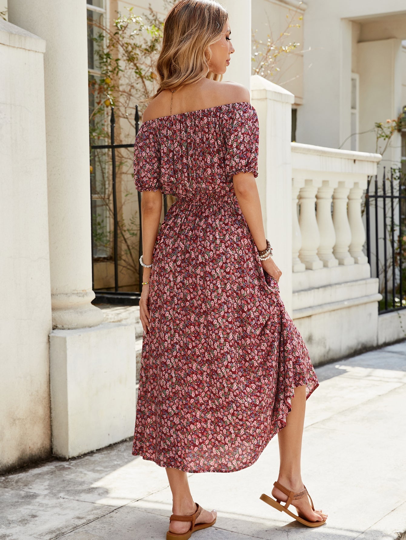 Women Summer Vacation Off Shoulder Print Short Sleeved Dress Bella Mia