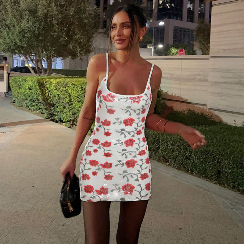 Autumn Winter Sexy Backless Slim Fit Printed Sequin Slip Dress Sexy Hip Bella Mia