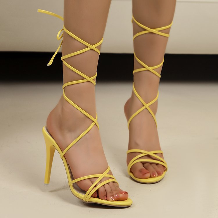 Gold Ankle Ring Lace up High Heeled Sandals Women round Head Skinny Stilettos Shoes Bella Mia