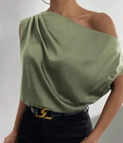 Spring Solid Color Satin Artificial Silk Irregular Asymmetric Shoulder off Shoulder Pullover Sleeveless Shirt Women Clothing Bella Mia