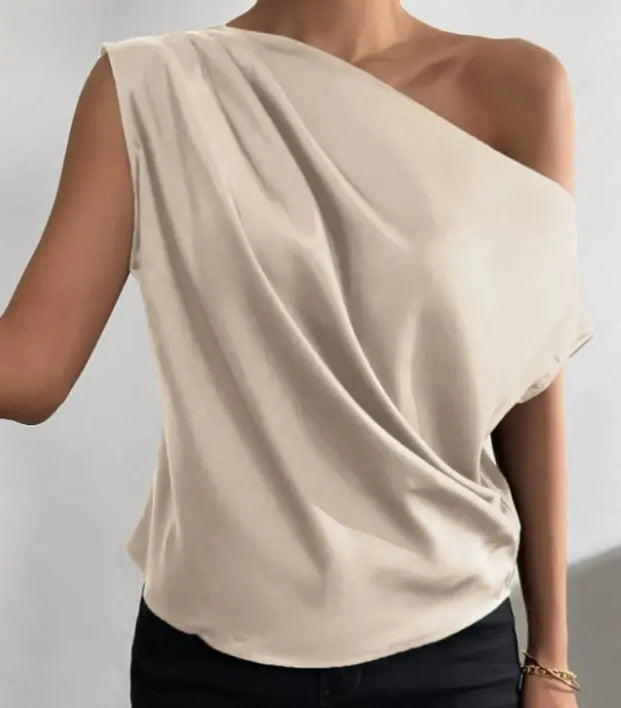 Spring Solid Color Satin Artificial Silk Irregular Asymmetric Shoulder off Shoulder Pullover Sleeveless Shirt Women Clothing Bella Mia