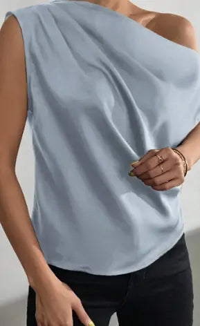 Spring Solid Color Satin Artificial Silk Irregular Asymmetric Shoulder off Shoulder Pullover Sleeveless Shirt Women Clothing Bella Mia