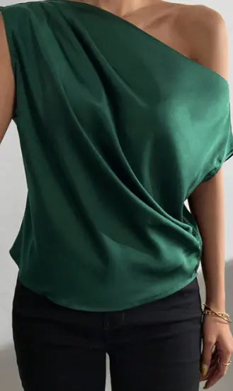 Spring Solid Color Satin Artificial Silk Irregular Asymmetric Shoulder off Shoulder Pullover Sleeveless Shirt Women Clothing Bella Mia