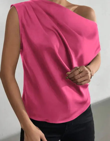 Spring Solid Color Satin Artificial Silk Irregular Asymmetric Shoulder off Shoulder Pullover Sleeveless Shirt Women Clothing Bella Mia