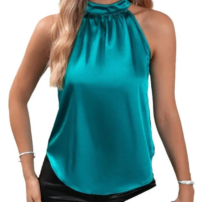 Summer Satin Vest Women Solid Color off Shoulder Halter Sleeveless Top Bella Mia
