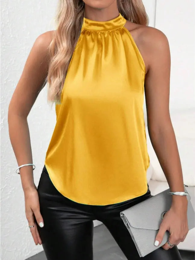 Summer Satin Vest Women Solid Color off Shoulder Halter Sleeveless Top Bella Mia