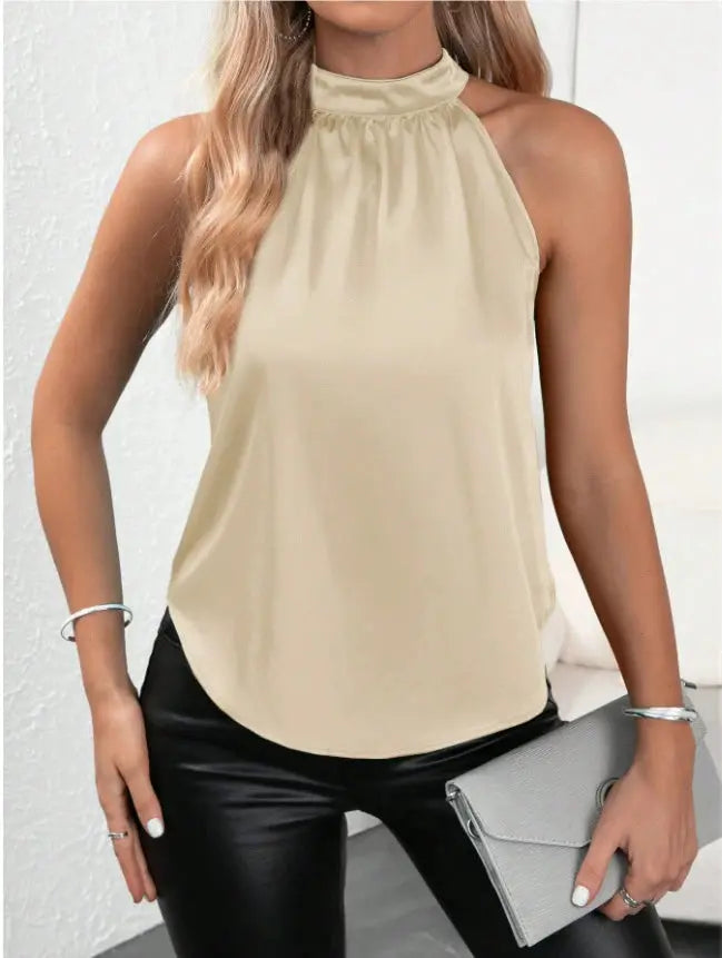 Summer Satin Vest Women Solid Color off Shoulder Halter Sleeveless Top Bella Mia