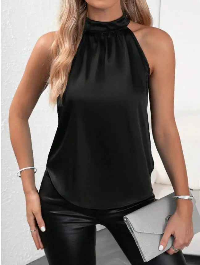 Summer Satin Vest Women Solid Color off Shoulder Halter Sleeveless Top Bella Mia