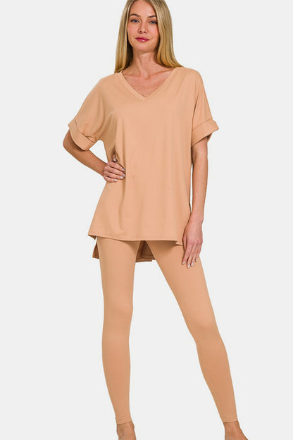 Zenana Full Size V-Neck Rolled Short Sleeve T-Shirt and Leggings Lounge Set.