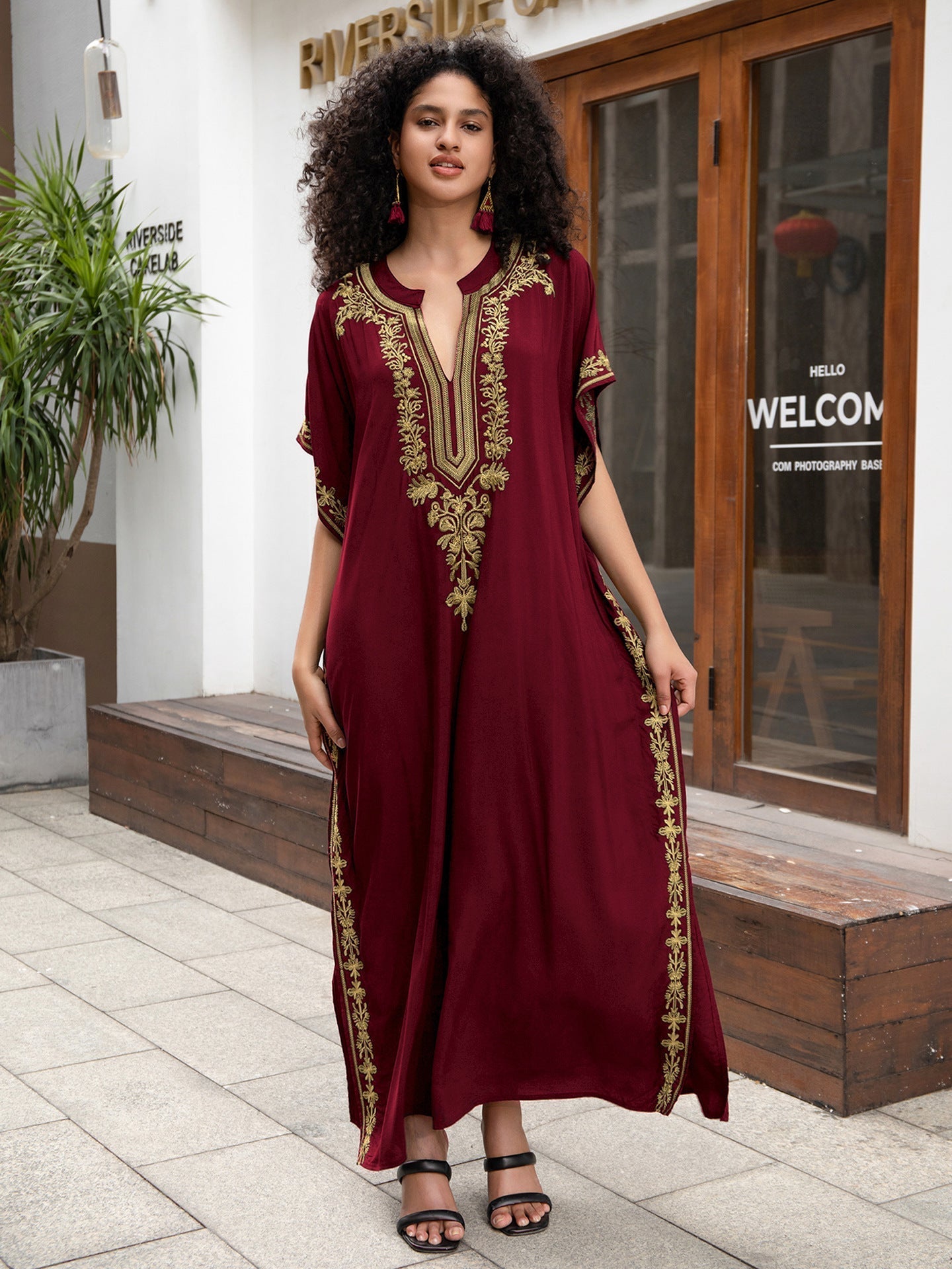 Rayon Embroidered Holiday Loose Jumpsuit Long Robe Beach Sun Protection Maxi Dress Beach Cover Up Bella Mia