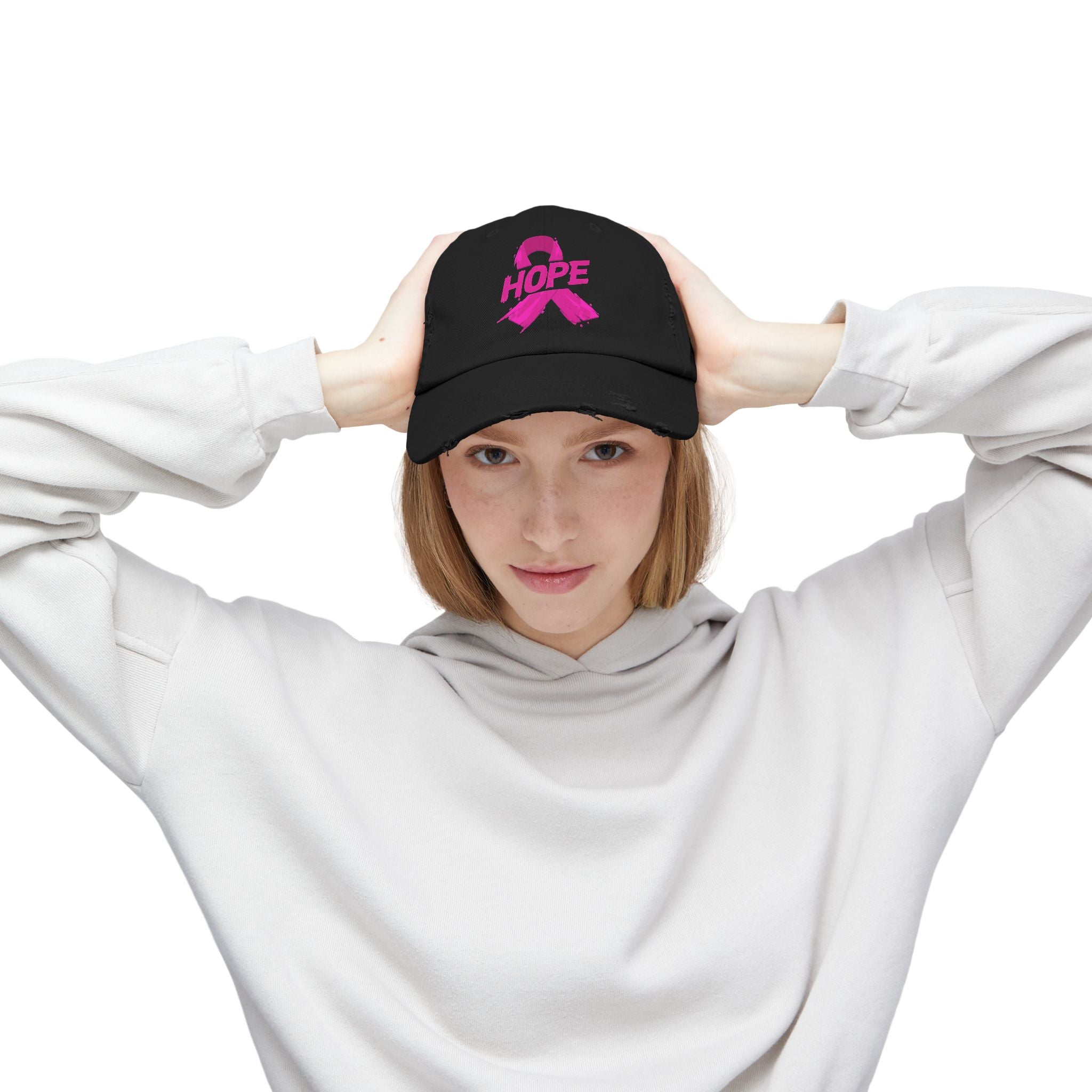 Hope Distressed Cap Unisex Cotton Twill Hat For Breast Cancer Awareness Gift Fundraising Everyday Style Coco’s Tee Boutique