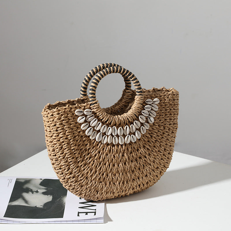 Retro Straw Bag Portable Semicircle Shell Handmade Straw Bag Woven Bag Women Seaside Vacation Beach Bag Bella Mia
