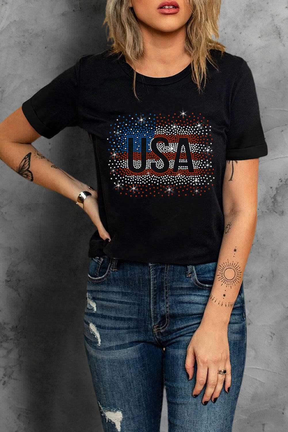 USA Rhinestone Round Neck Short Sleeve T-Shirt.