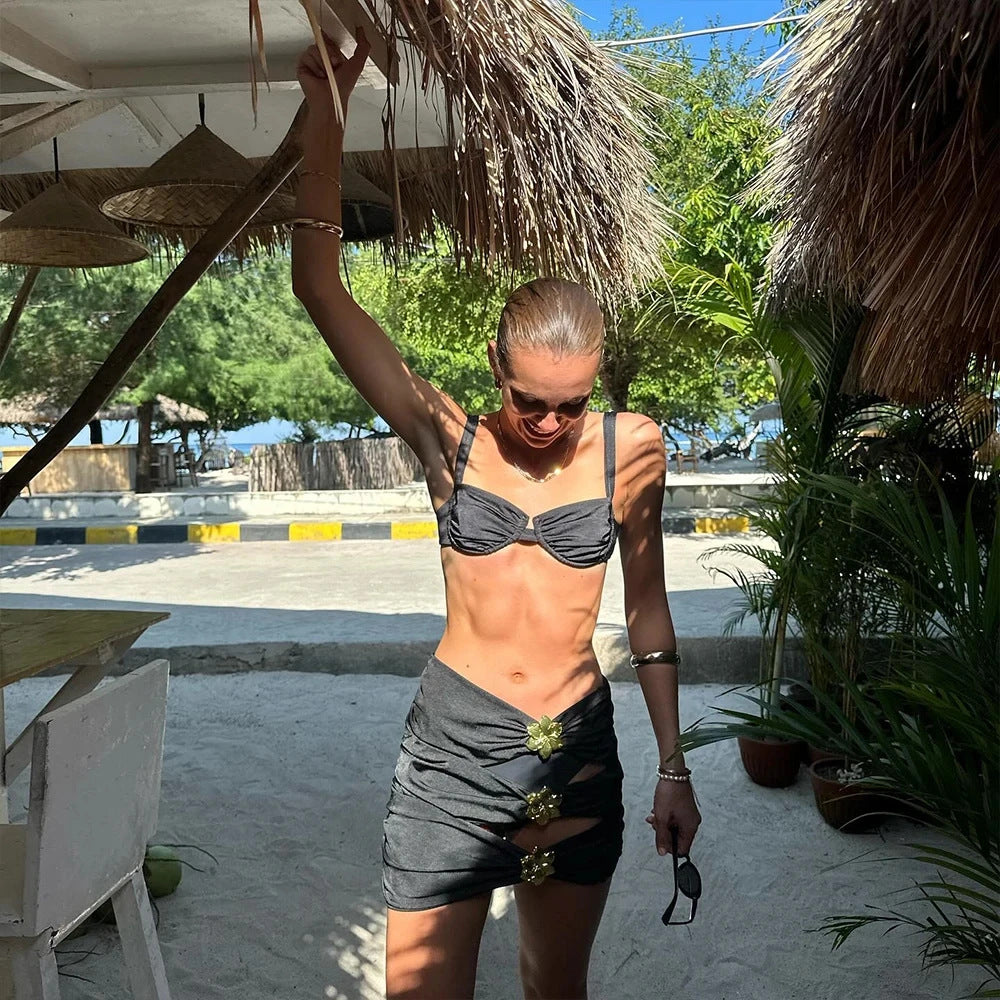 Short Skirt Three Piece Bikini Swimsuit Swimwear Solid Color Swimsuit for Women Bella Mia