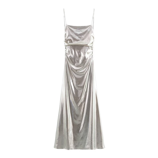 Women Clothing Metal Foil Pleated Slim Strap Dress Bella Mia