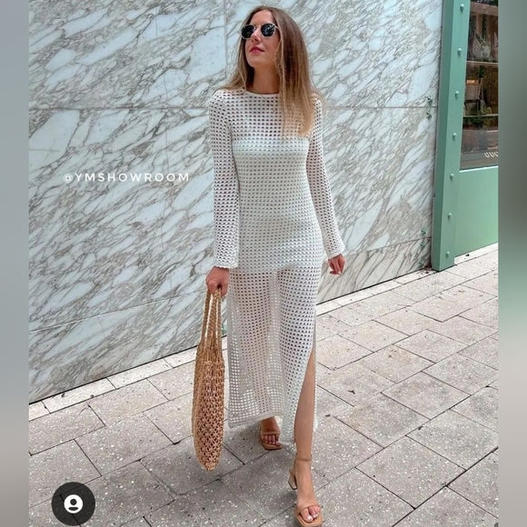 Spring Summer Vacation Beach Blouse Sexy Knitted Hollow Out Cutout out Maxi Dress Beach Cover Up Dress Bella Mia