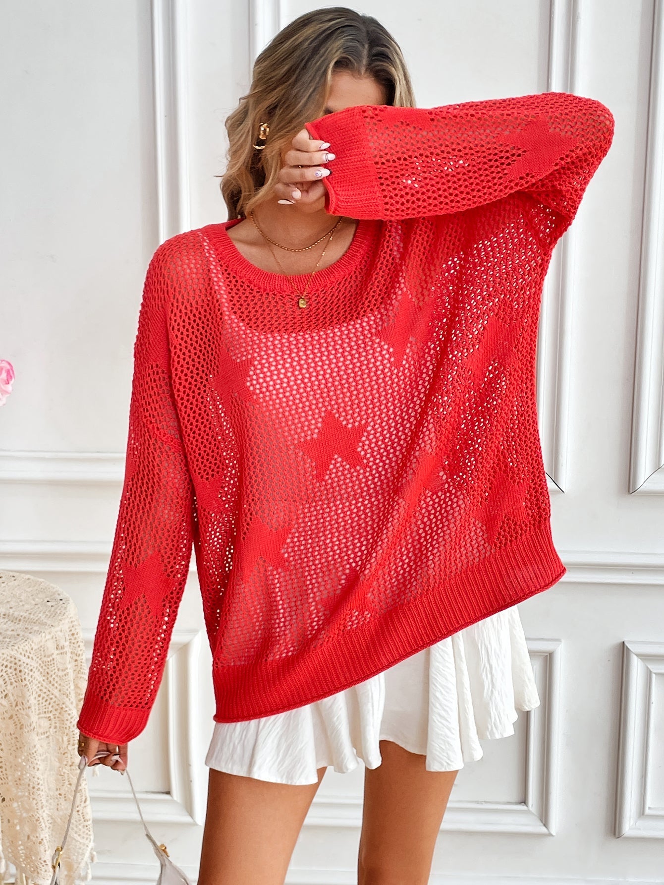 Spring Summer round Neck Pullover Beach Cover up Knitted Five Pointed Star Women Knitwear Bella Mia