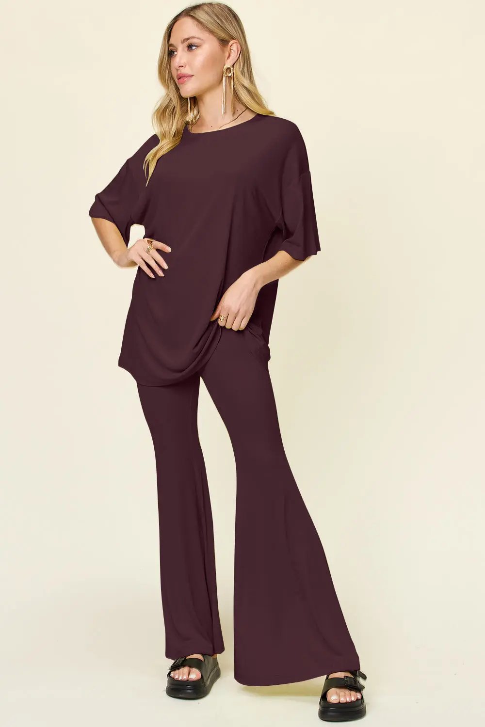 Double Take Full Size Round Neck Drop Shoulder T-Shirt and Flare Pants Set - Love Salve