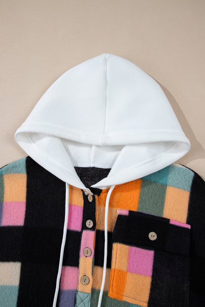 Colorful plaid buttoned hoodie with flap pockets