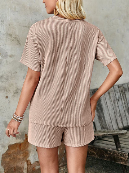 Textured Round Neck Short Sleeve Top and Shorts Set.