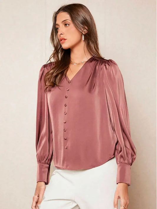 V neck Pullover Top Shirt Women Satin Office Top Women Clothing Direct Bella Mia
