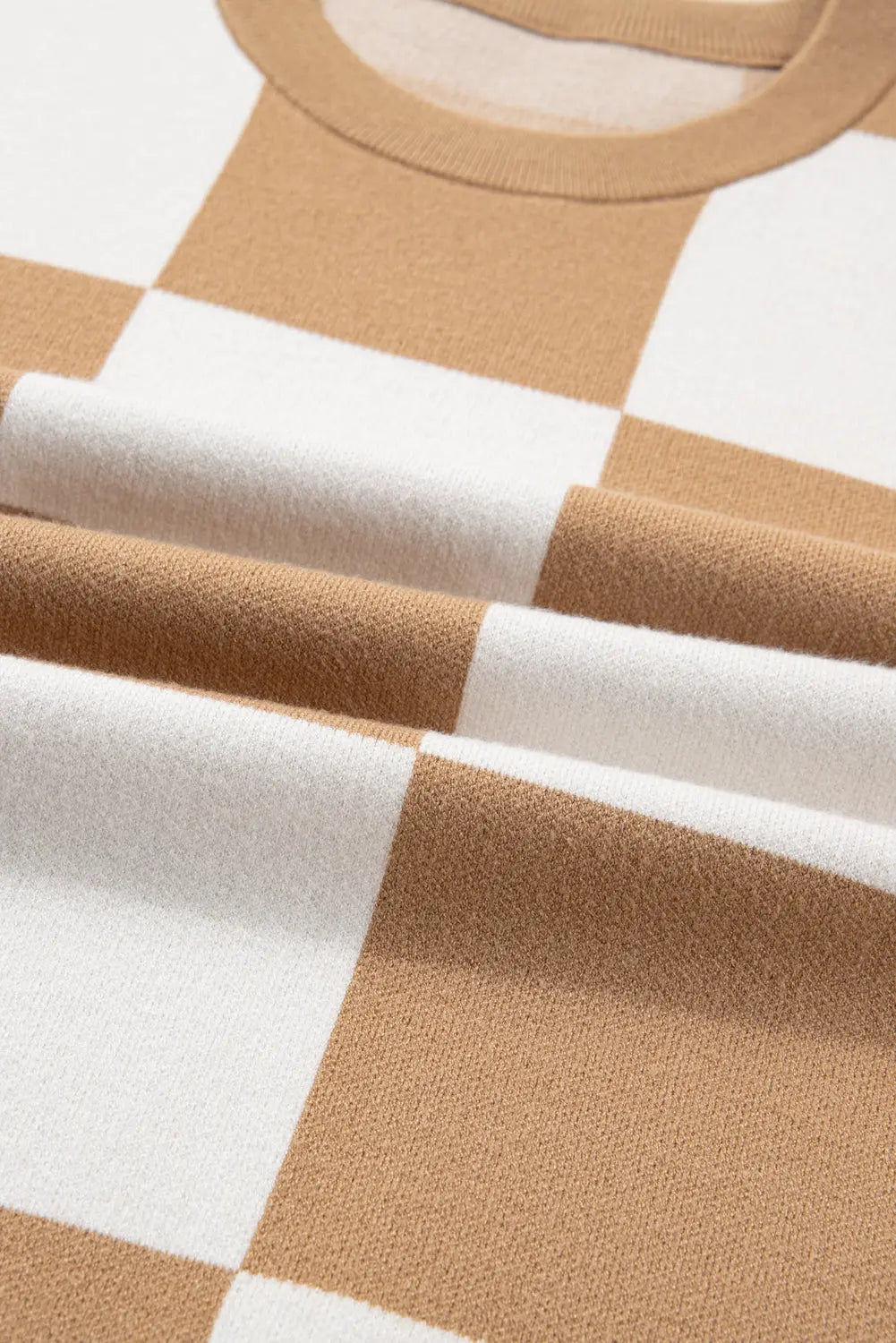 Dear-Lover Beige Checkered Knit Women's Plus Size Short Sleeve Sweater: Casual, Fall-Ready Dear-Lover Dropshipping