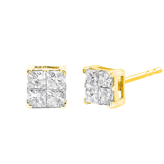 Bids.com 10K yellow gold plated sterling silver 1.0 Cttw princess-cut diamond composite stud earrings, elegant and sparkling.