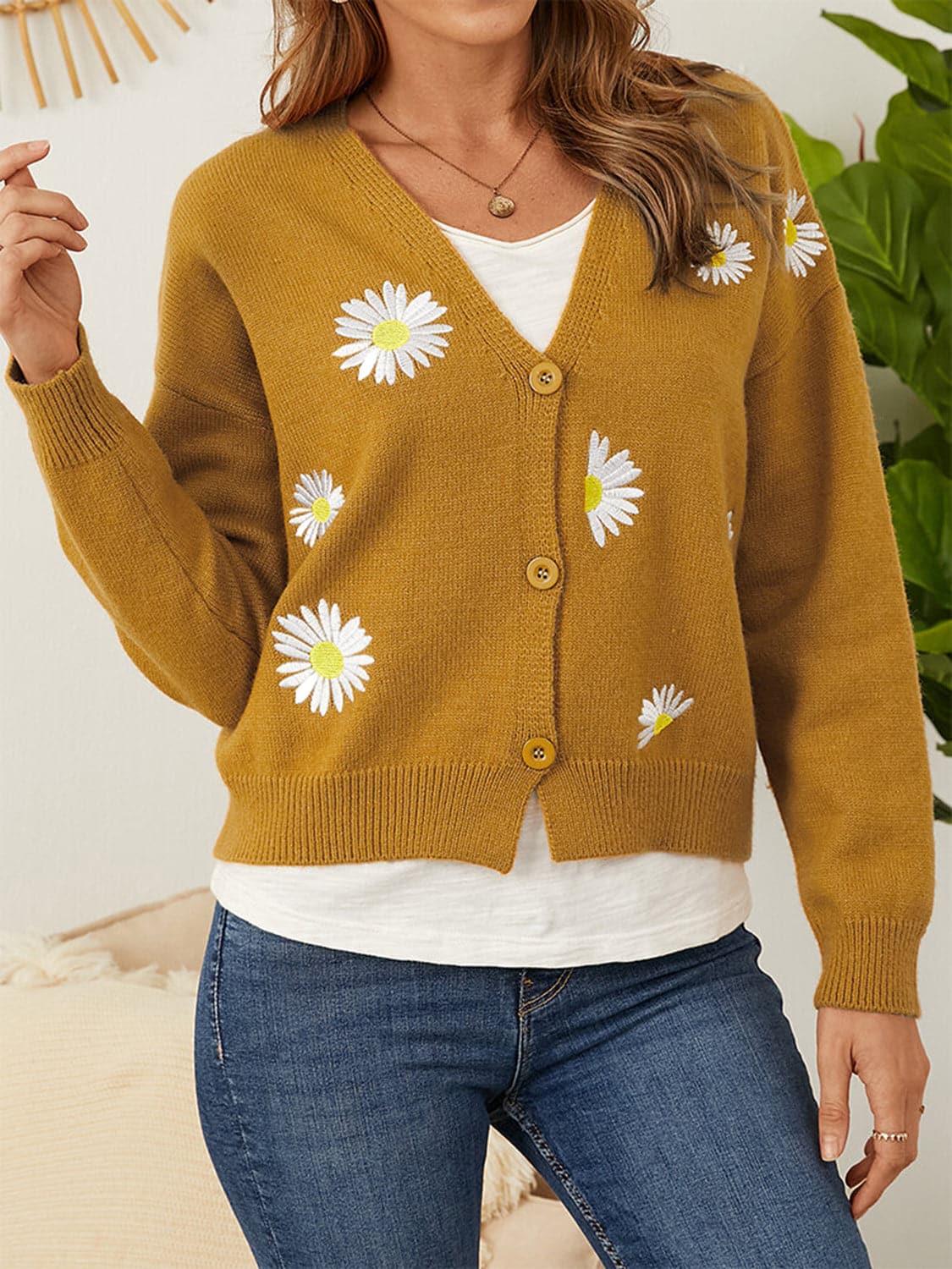 Flower Button Front Dropped Shoulder Cardigan.