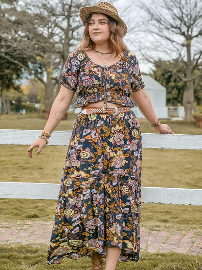 Plus Size Tie Neck Short Sleeve Top and Skirt SetUpgrade Your Wardrobe with our Plus Size Tie Neck Short Sleeve Top and Skirt Set
 Step into style with our chic two-piece set featuring a tie neck short sleeve top aLove Salve Size Tie Neck Short Sleeve Topjust arrived