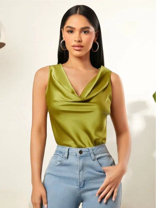 Summer Satin Pile Collar Solid Color Sleeveless Vest Women Sleeveless Blouse Bella Mia