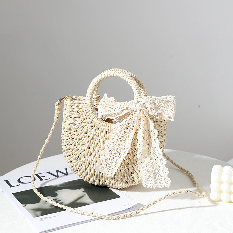 Crossbody Small Bag for Women Lace Bow Hand Woven Bag Shoulder Portable Crossbody Straw Woven Bag Bella Mia