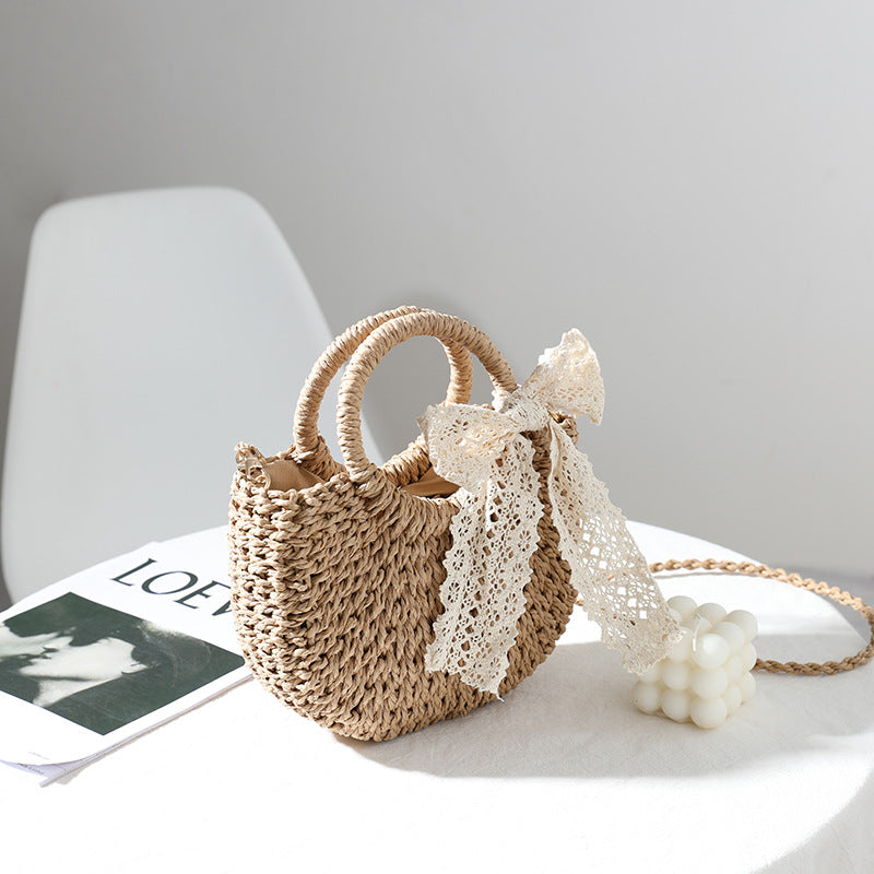 Crossbody Small Bag for Women Lace Bow Hand Woven Bag Shoulder Portable Crossbody Straw Woven Bag Bella Mia