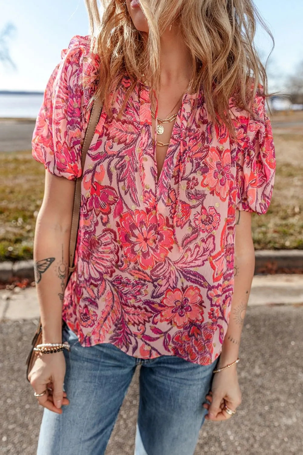 Floral Print Ruffled Puff Short Sleeve Blouse