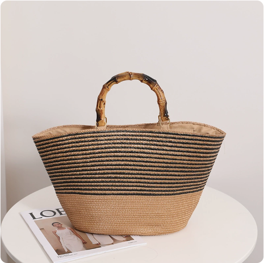Bamboo Joint Straw Bag Large Capacity Striped Women Bag Woven Tote Hand Carrying Vegetable Basket Bag Bella Mia