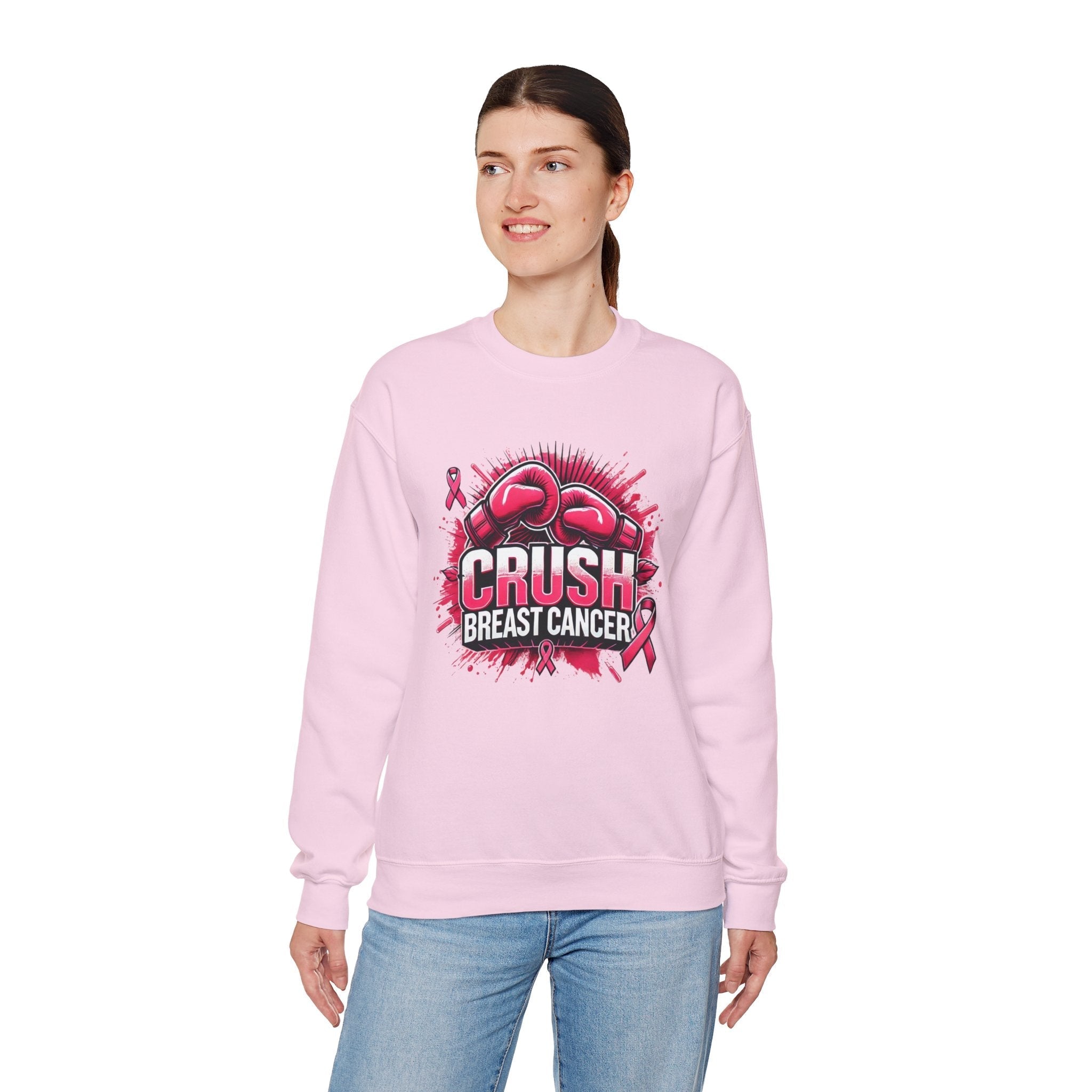 Crush Breast Cancer Awareness Sweatshirt Unisex Crewneck Gildan 18000 With Boxing Gloves Graphic Size S To 4XL Coco’s Tee Boutique