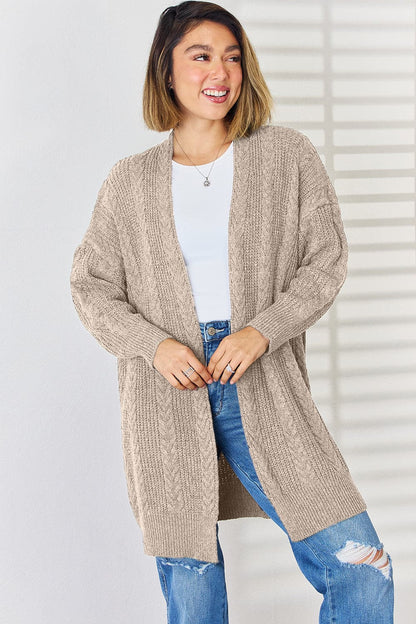 Cable-Knit Open Front Dropped Shoulder Cardigan.