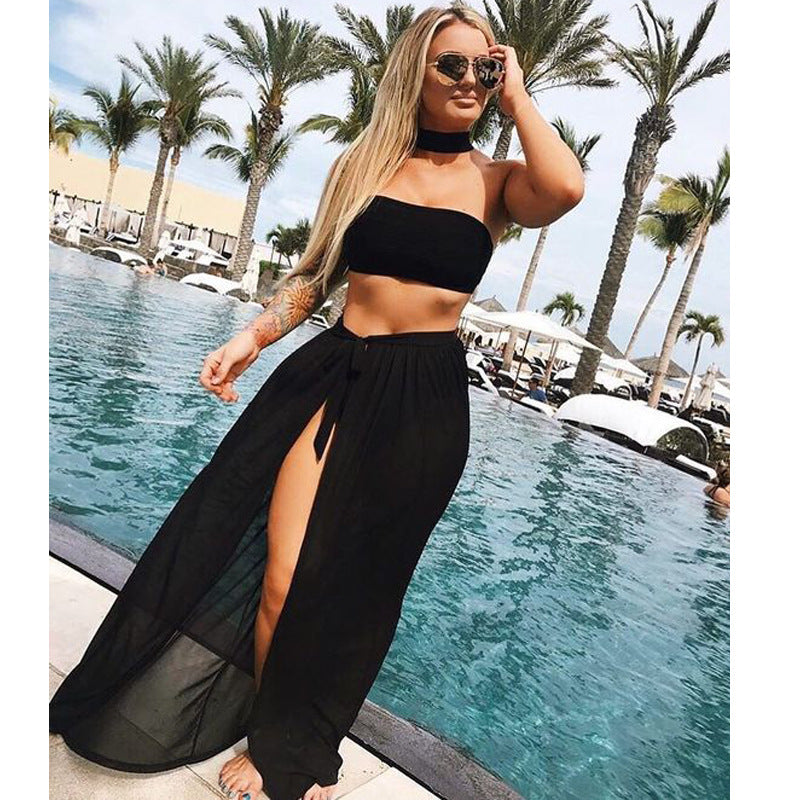 Spring Summer Wear Solid Color Long Bottom Strap Beach Dress Blouse Holiday Skirt Bella Mia