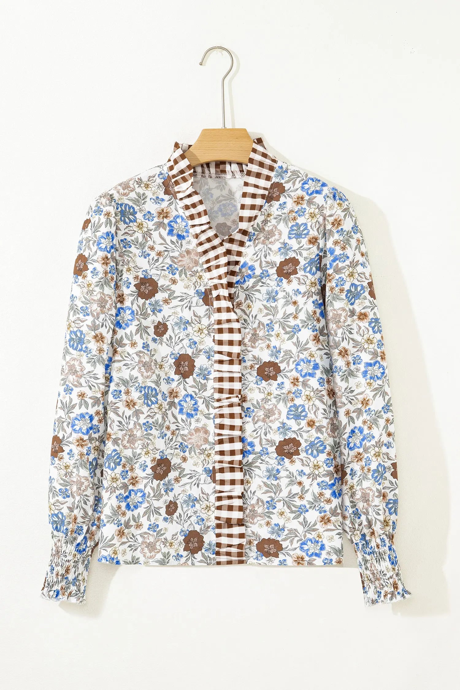 Brown Plaid Frilled Trim V Neck Floral Long Sleeve Blouse Dear-Lover Dropshipping