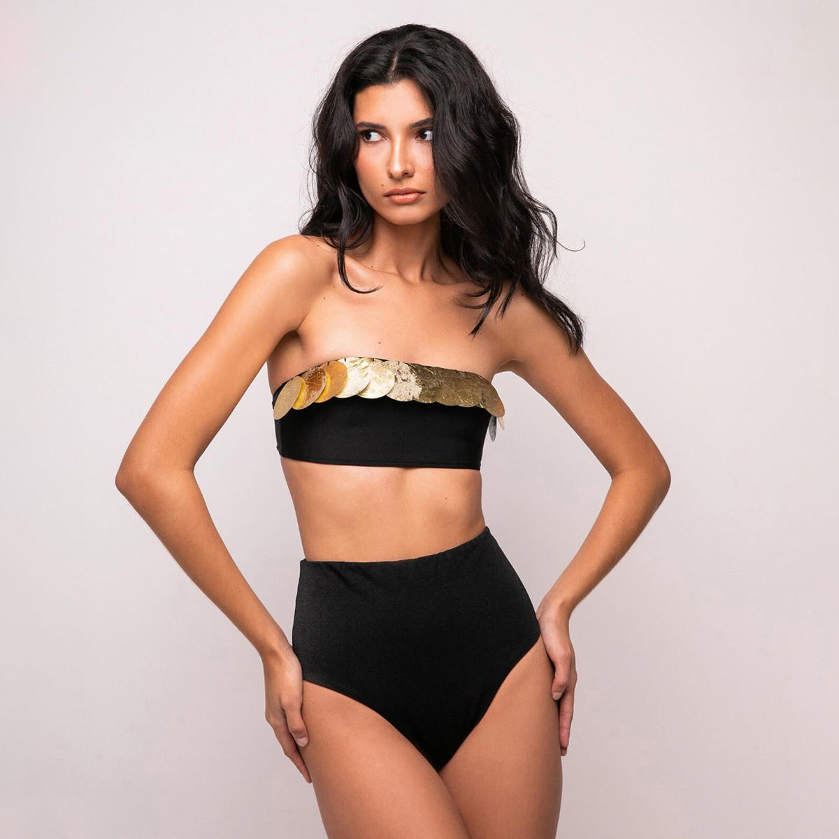Pure Black Gold Sequined Tube Top Split Swimsuit Women Sexy High Waist Bikini Bella Mia