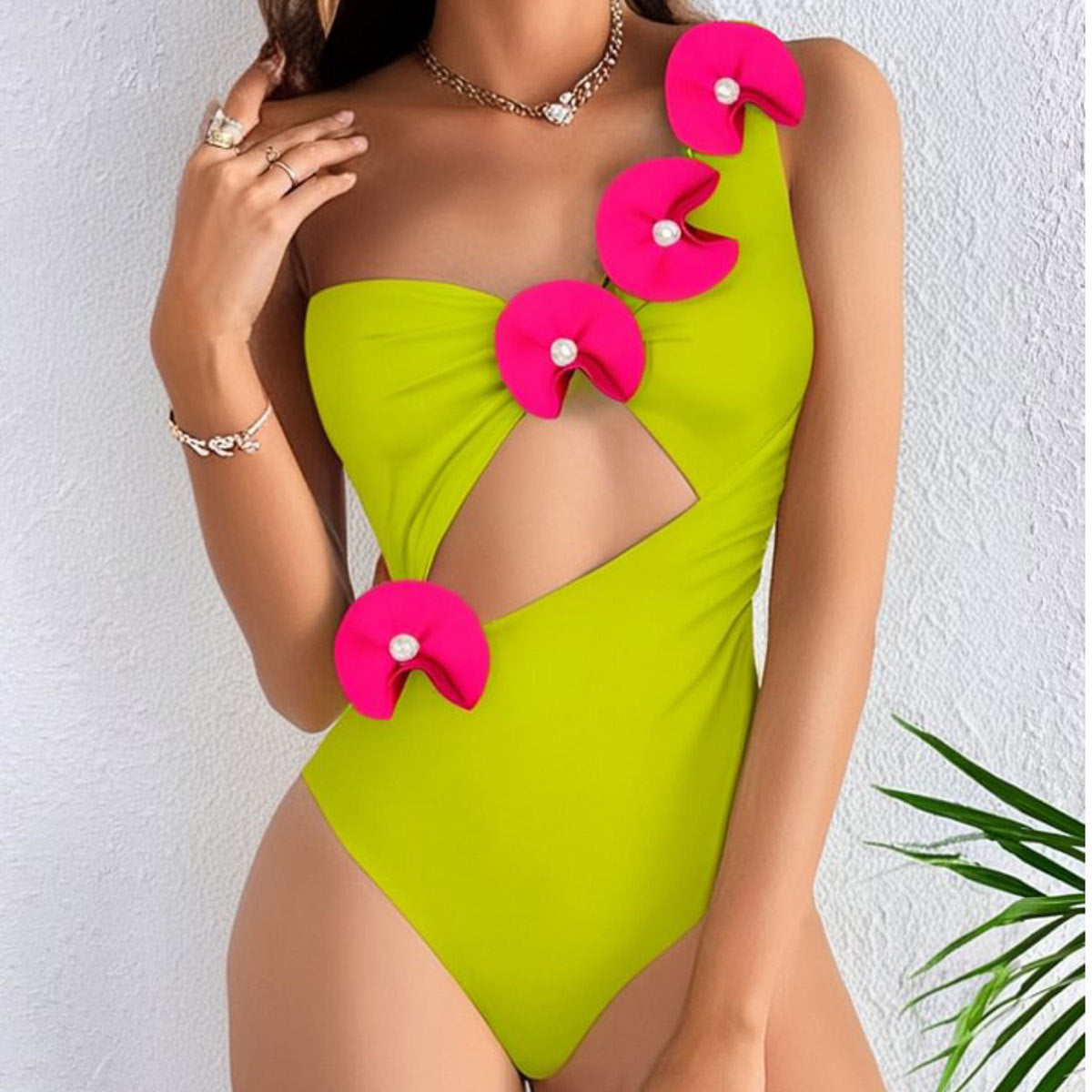 Solid Color One Piece Swimsuit Women One Shoulder Tube Top Hollow Out Cutout out Skirt Hip Wrapped Short Skirt Two Piece Sets Bella Mia