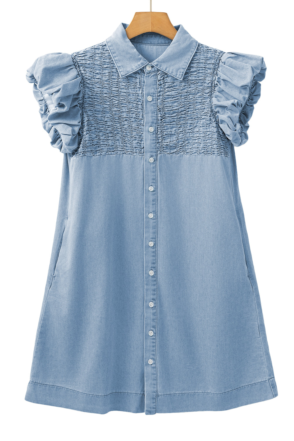 Beau Blue Flutter Sleeve Shirred Button Up Denim Mini Dress Divine Design4U