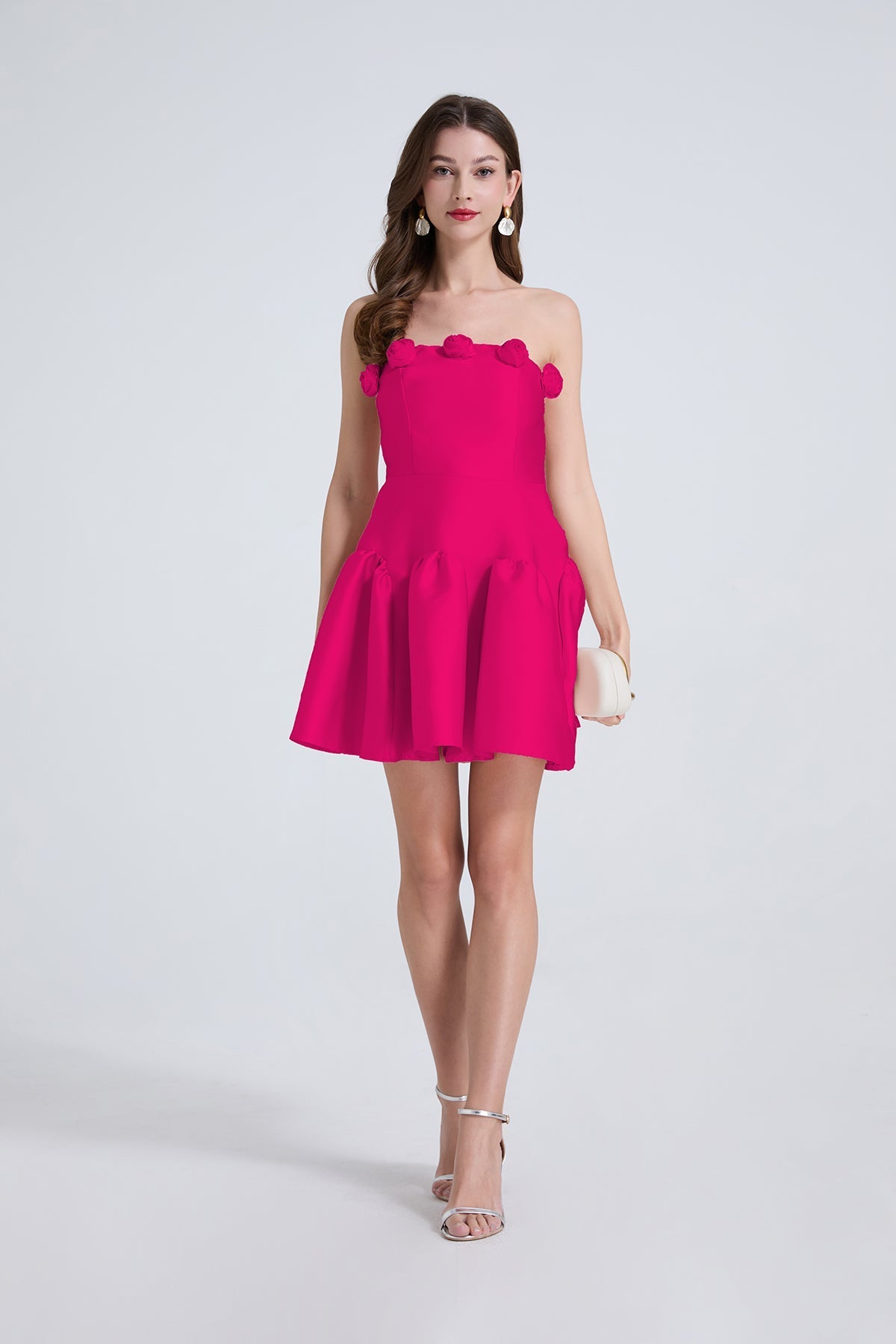 Ladies Elegant Three Dimensional Flower Waist Solid Color Strapless Little Dress Bella Mia