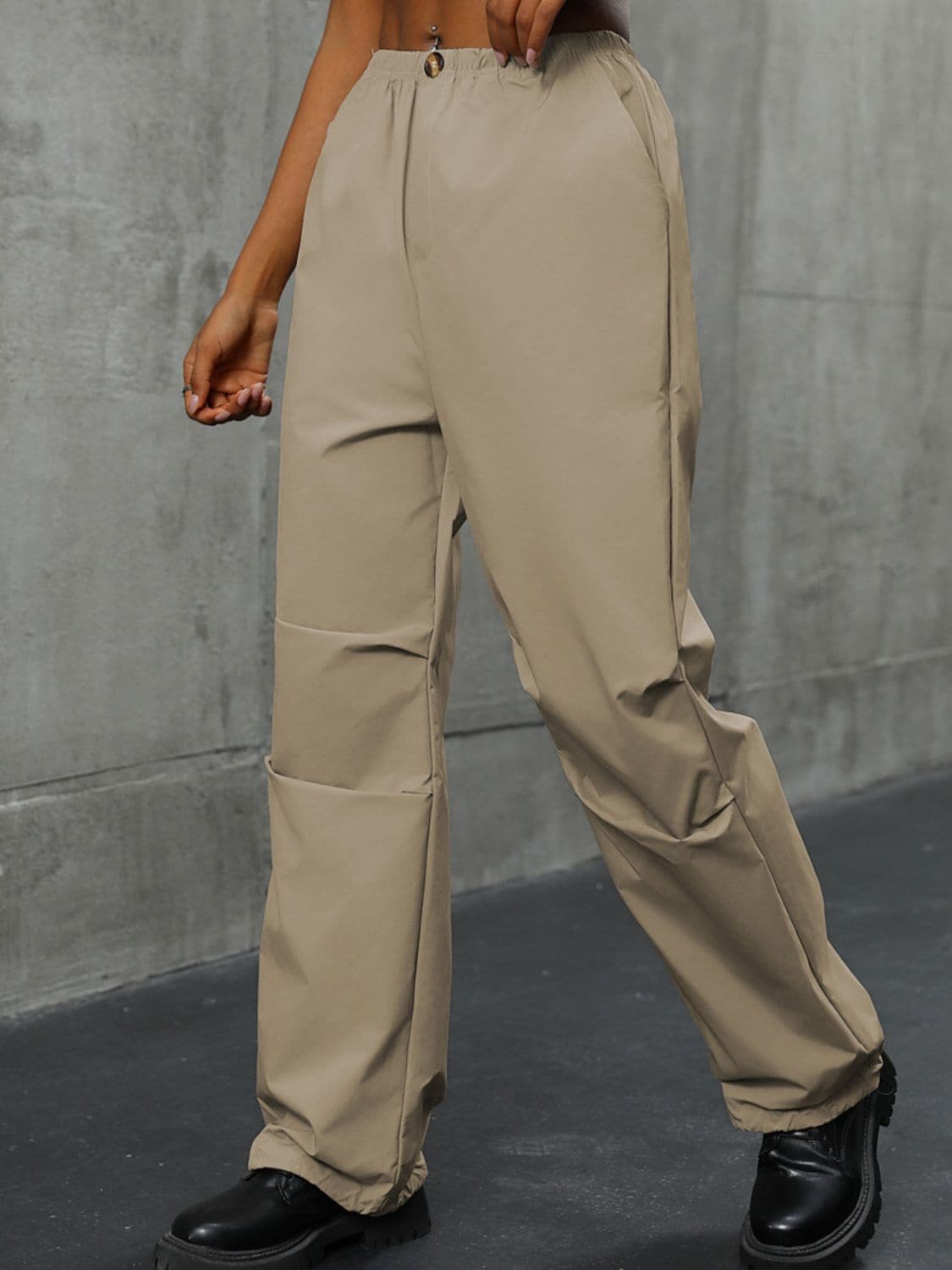 Pocketed Elastic Waist Pants.