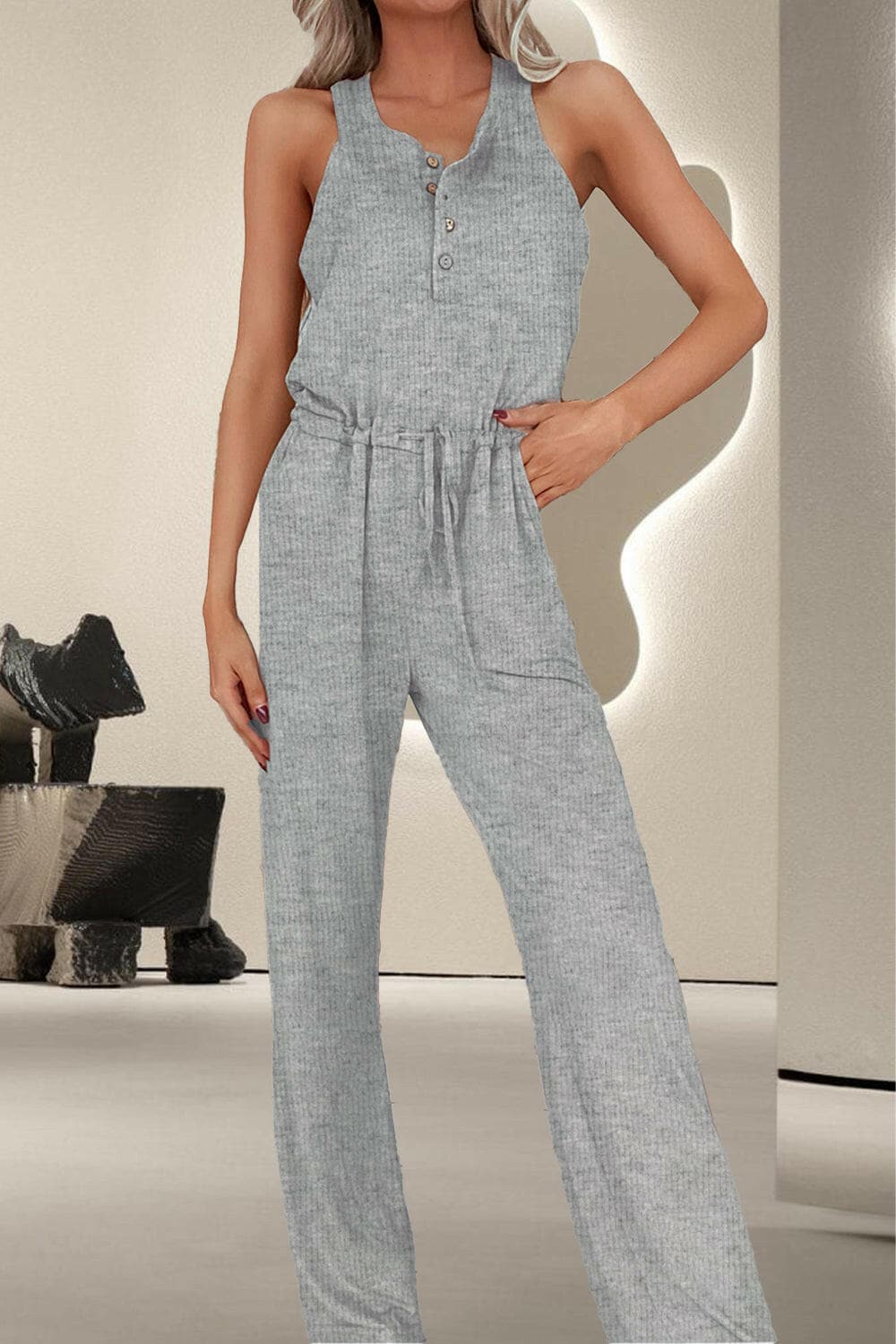 Drawstring Quarter Button Wide Strap Jumpsuit.