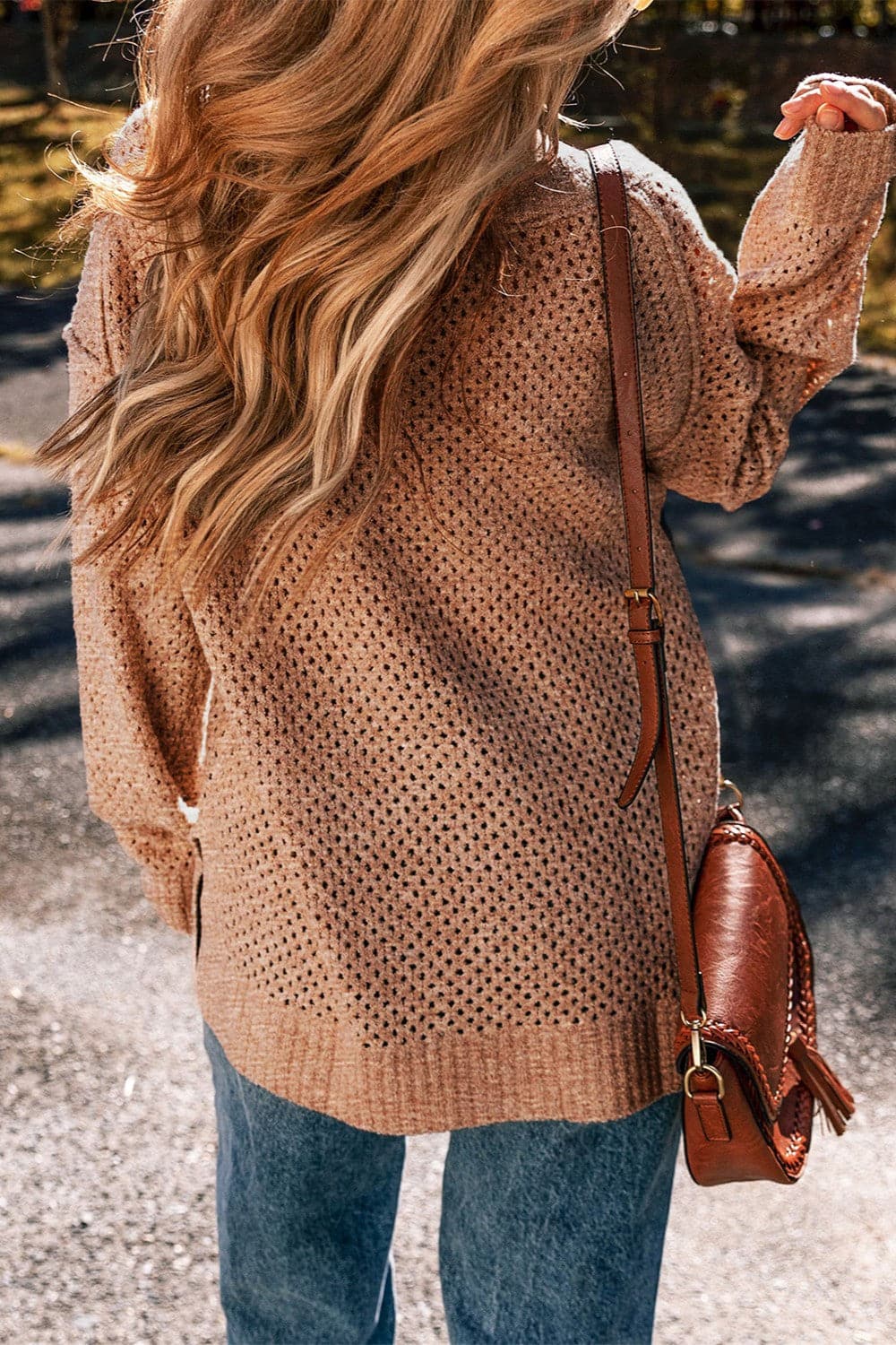 Openwork V-Neck Dropped Shoulder Sweater.