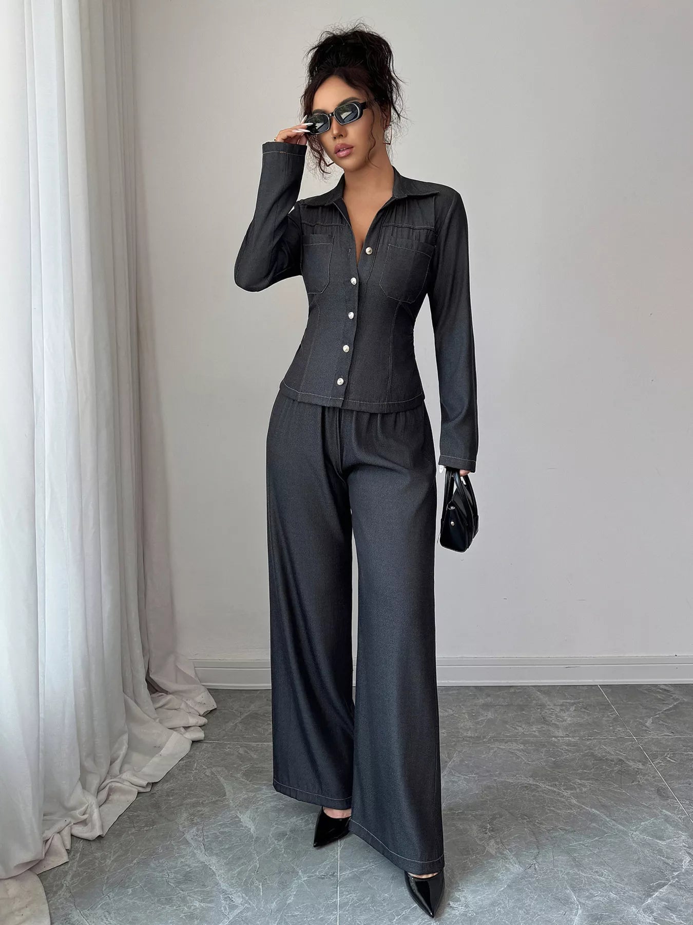 Button-Up Shirt & Wide Leg Pants Set Simply Love