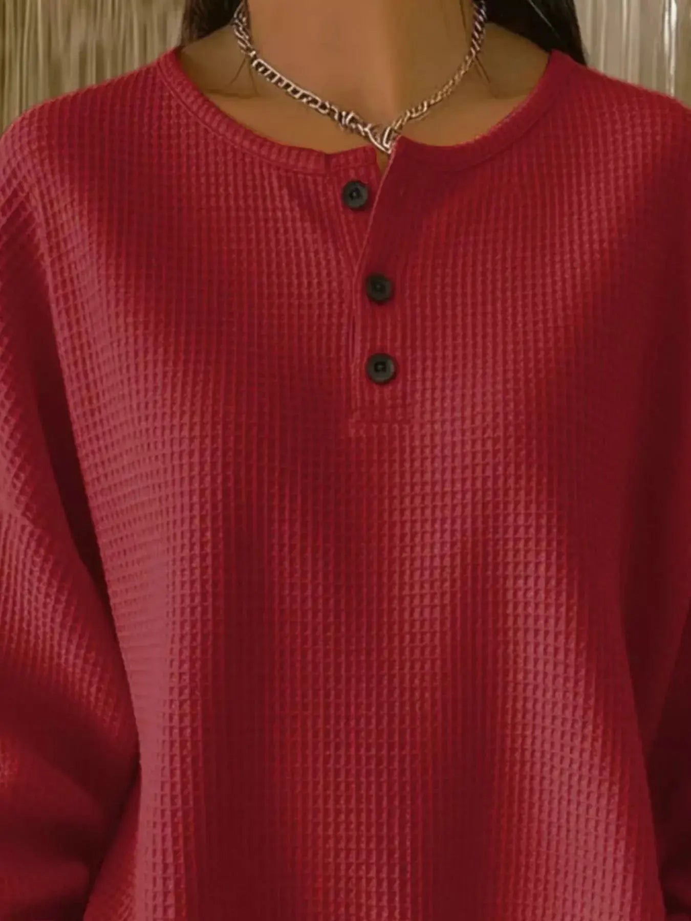 Full Size Casual Waffle Knit Button Detail Pullover Plus Size Simply Love