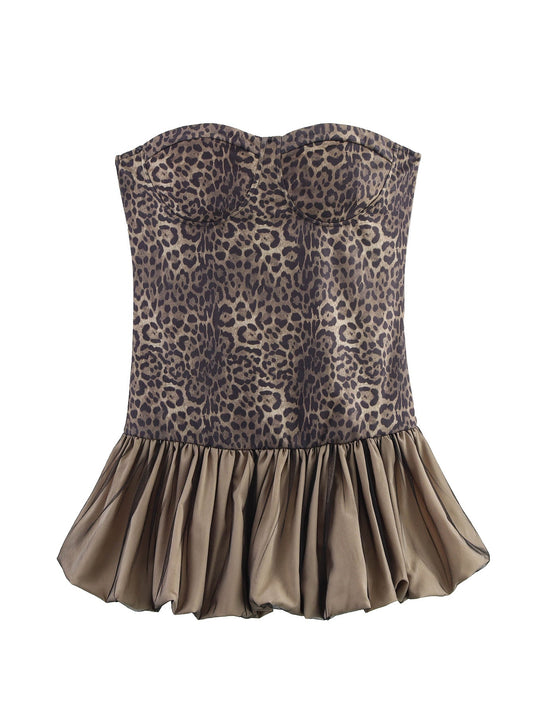 Leopard Splicing Tube Top Pettiskirt Summer Sexy off the Shoulder Party Cocktail Short Dress Slim Fit Mini Dress Bella Mia