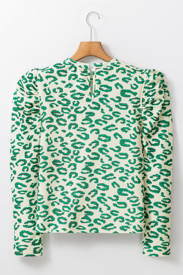 Blackish Green Leopard Print Mock Neck Puff Sleeve Top