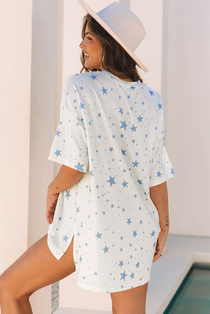 Sky Blue Stars Print Drop Shoulder Oversized T Shirt